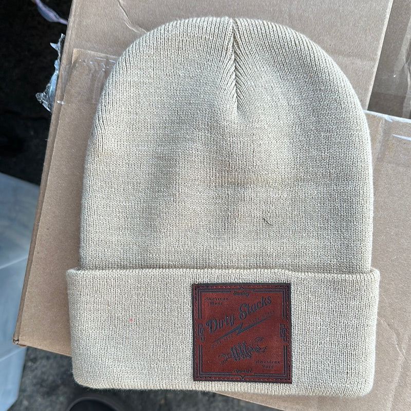 Square patch tan beanie