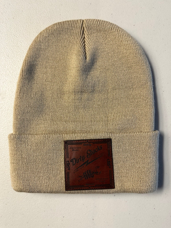 Square patch tan beanie