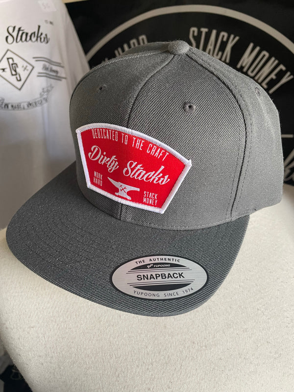 Dirty Stacks “Anvil” Red/White on grey SnapBack